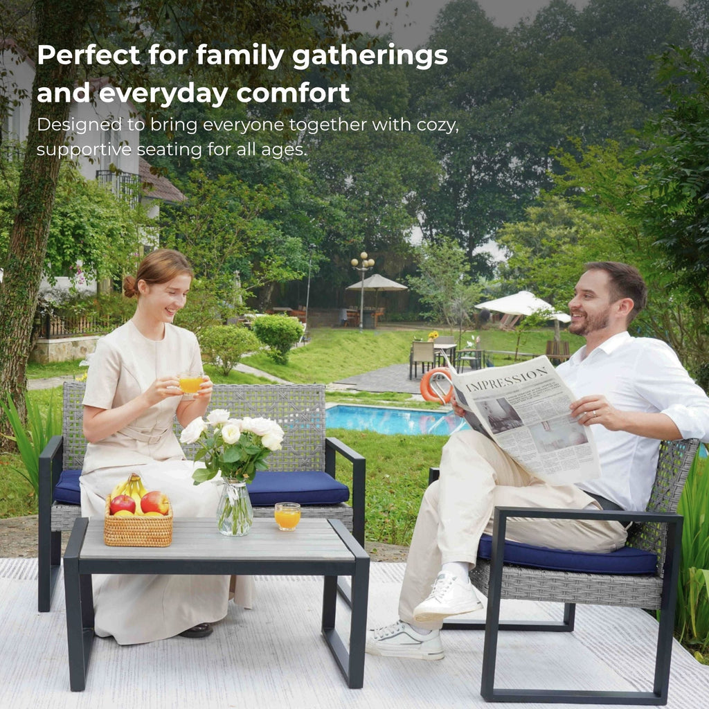 4 Piece Patio Furniture Set With Acacia Wood Table Top & Cushions