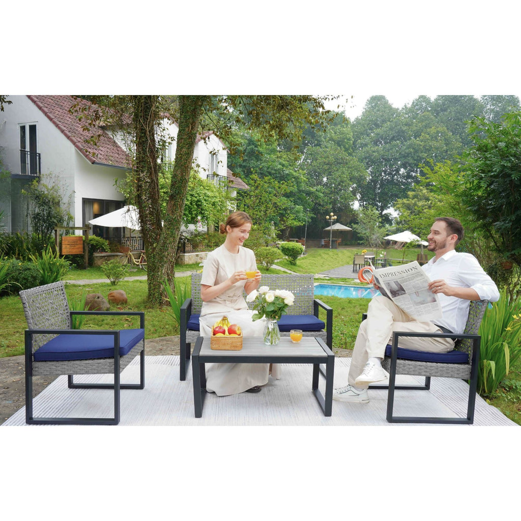 4 Piece Patio Furniture Set With Acacia Wood Table Top & Cushions