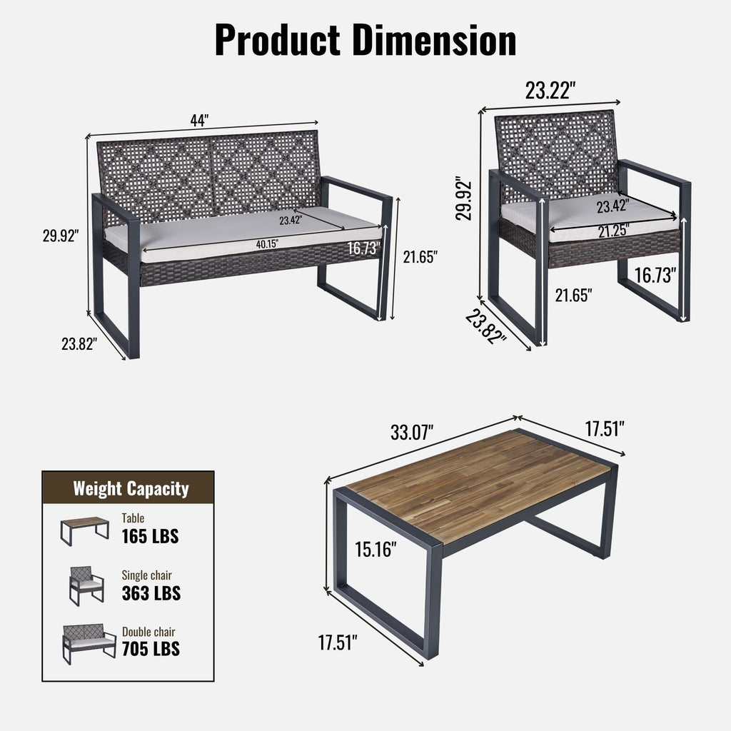 4 Piece Patio Furniture Set With Acacia Wood Table Top & Cushions