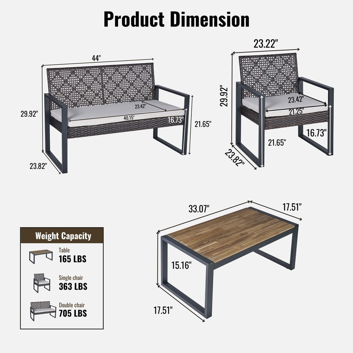 4 Piece Patio Furniture Set With Acacia Wood Table Top & Cushions
