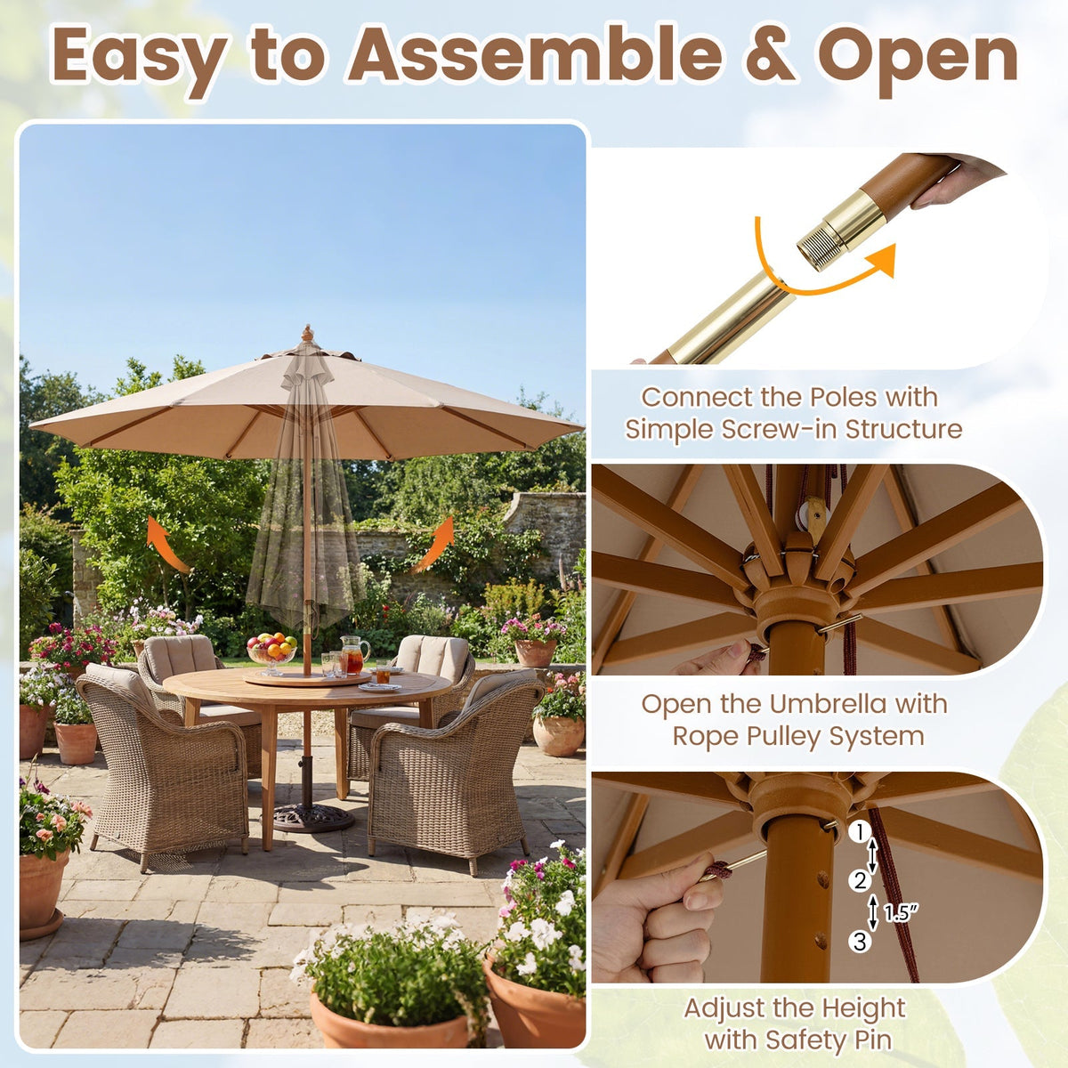 9FT Outdoor patio set with Umbrella and 8 Sturdy Bamboo Rib chairs
