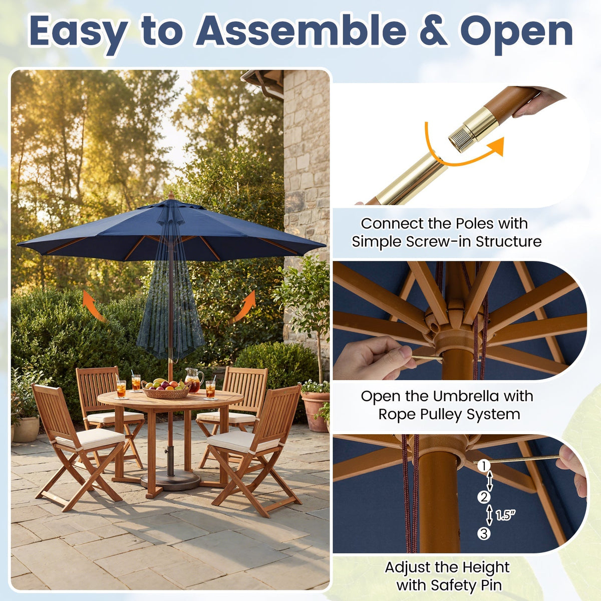 9FT Outdoor patio set with Umbrella and 8 Sturdy Bamboo Rib chairs