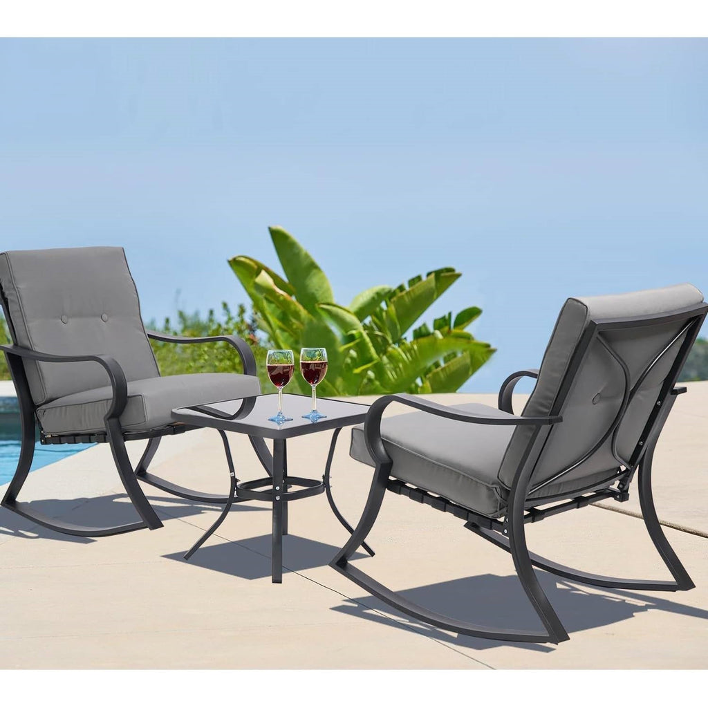 3-Piece Patio Furniture Table Rocking Chairs with Grey Cushions
