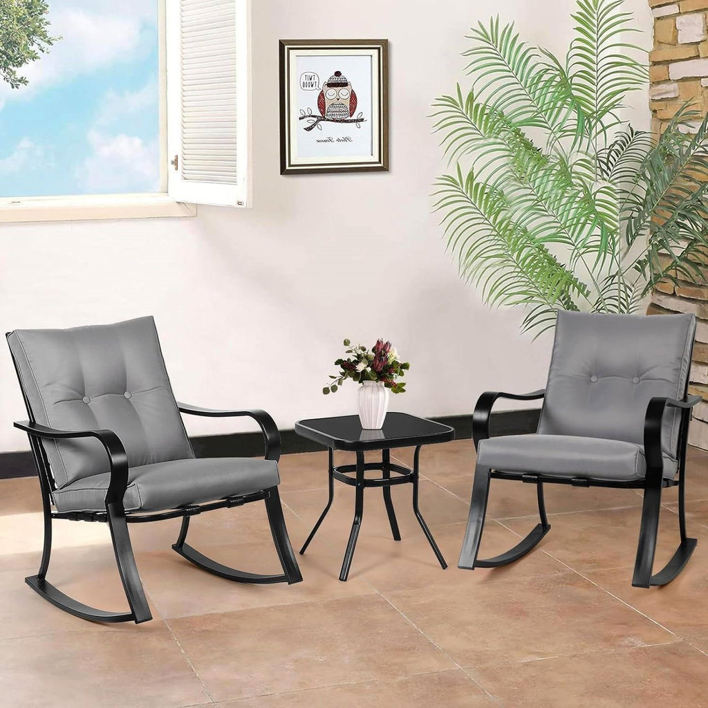 3-Piece Patio Furniture Table Rocking Chairs with Grey Cushions