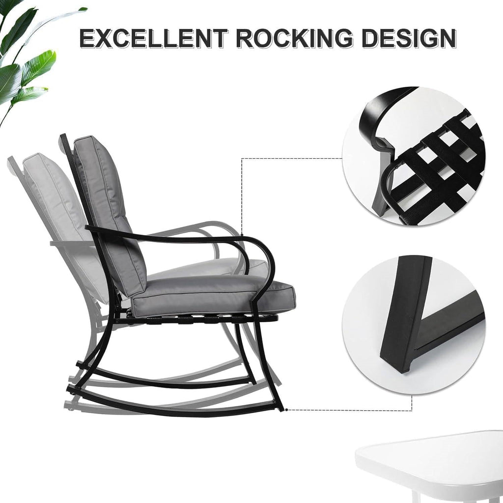 3-Piece Patio Furniture Table Rocking Chairs with Grey Cushions