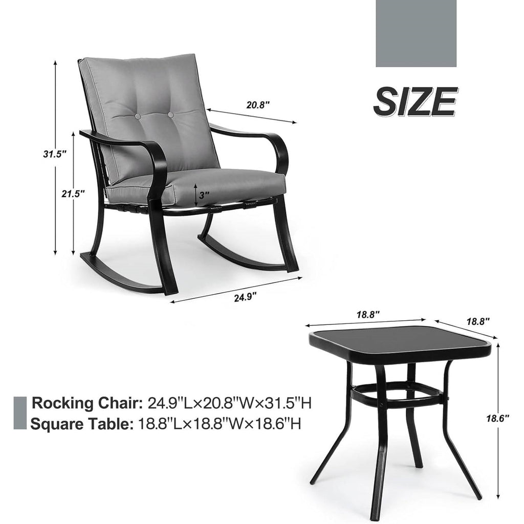 3-Piece Patio Furniture Table Rocking Chairs with Grey Cushions