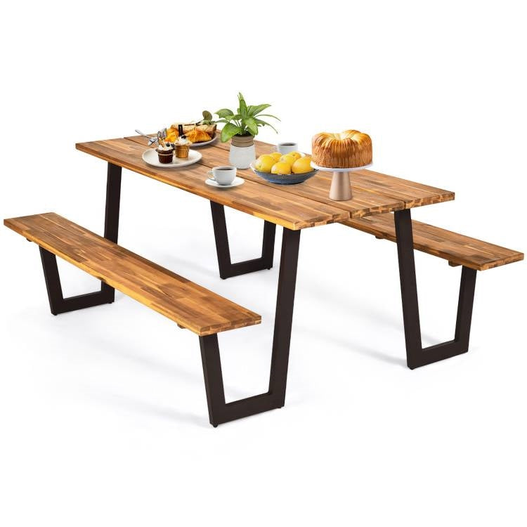 Wooden Picnic Table with 2 Benches for Outdoor Patio