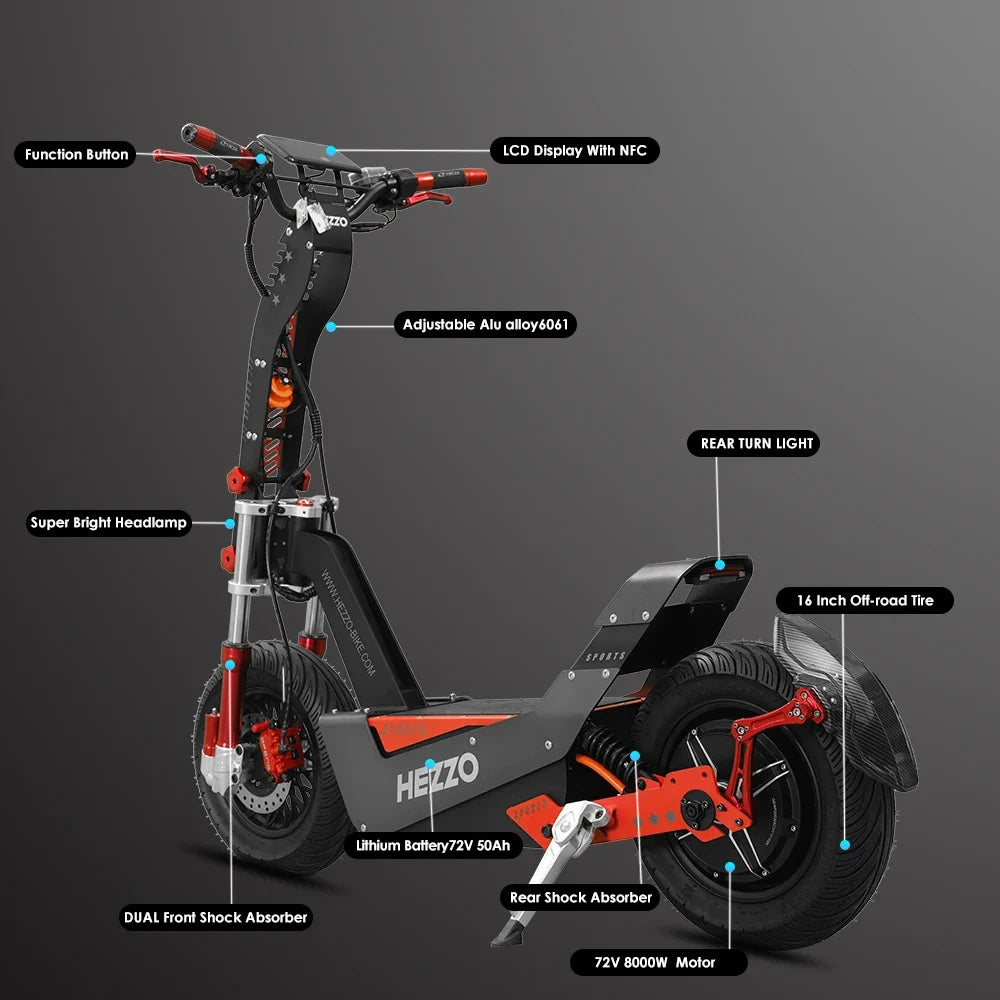 HEZZO-F8 Electric Scooter - 8000W Power, 100-120km Range