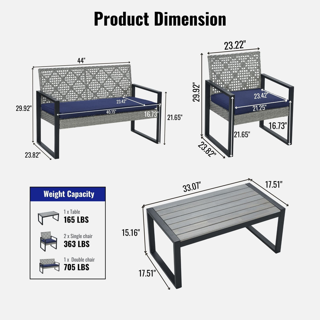 4 Piece Patio Furniture Set With Acacia Wood Table Top & Cushions