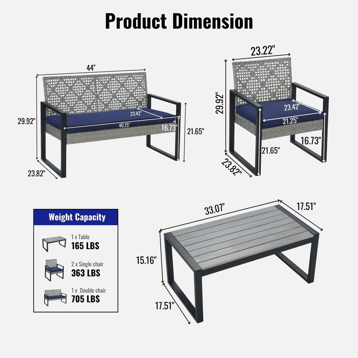 4 Piece Patio Furniture Set With Acacia Wood Table Top & Cushions