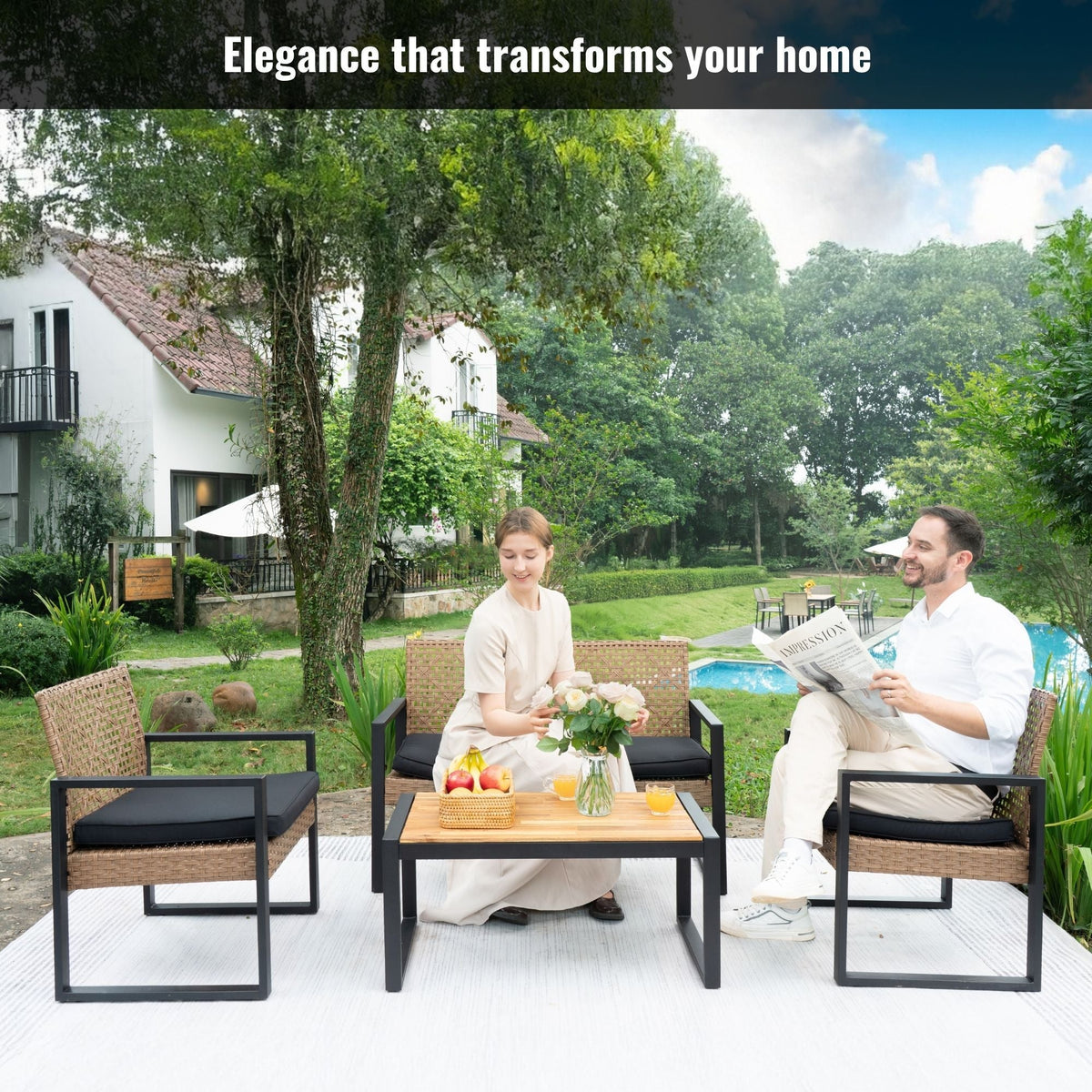4 Piece Patio Furniture Set With Acacia Wood Table Top & Cushions