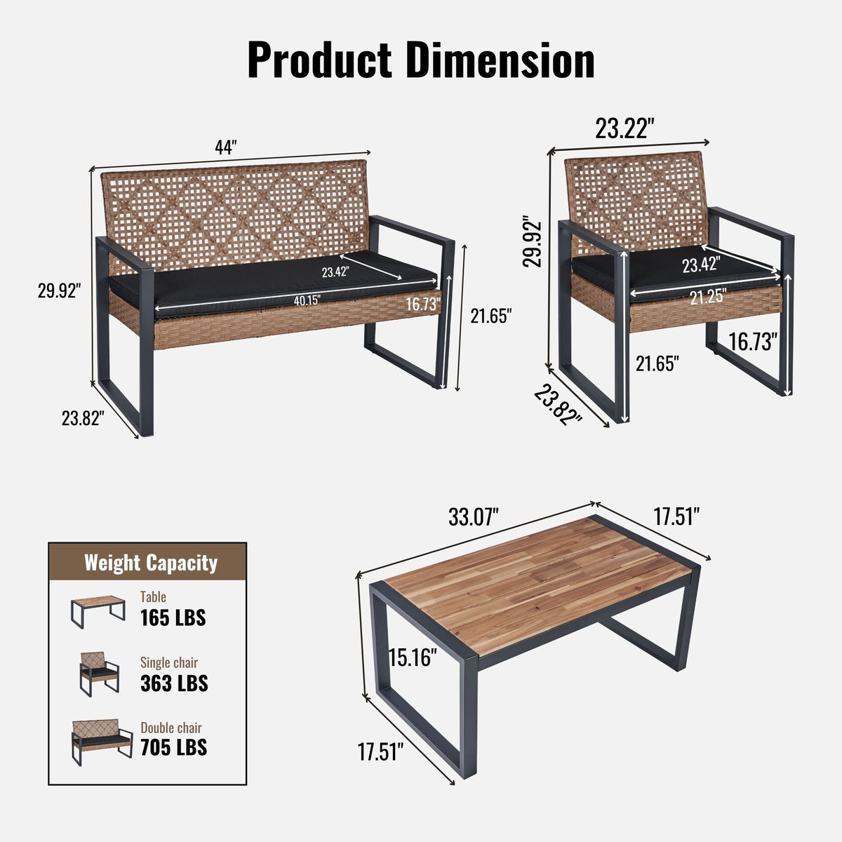 4 Piece Patio Furniture Set With Acacia Wood Table Top & Cushions