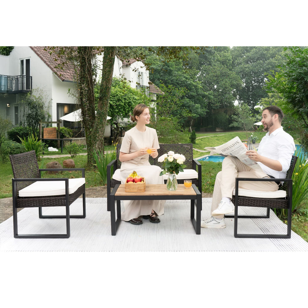 4 Piece Patio Furniture Set With Acacia Wood Table Top & Cushions