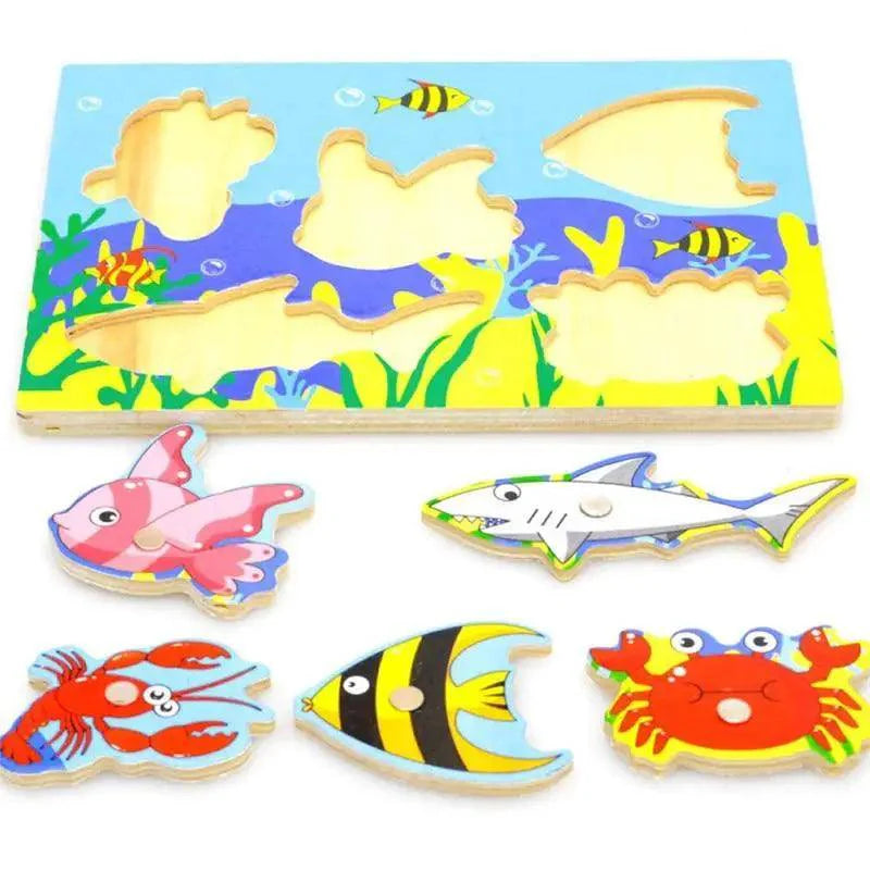 Wooden Magnetic Ocean Fishing Toy Game & Puzzle Board